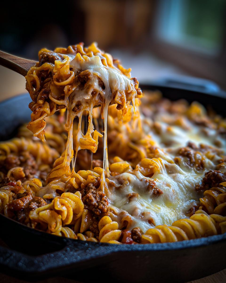 A wooden spoon lifts a portion of One-Pot Cheesy Taco Pasta, showcasing the melted cheese pull.