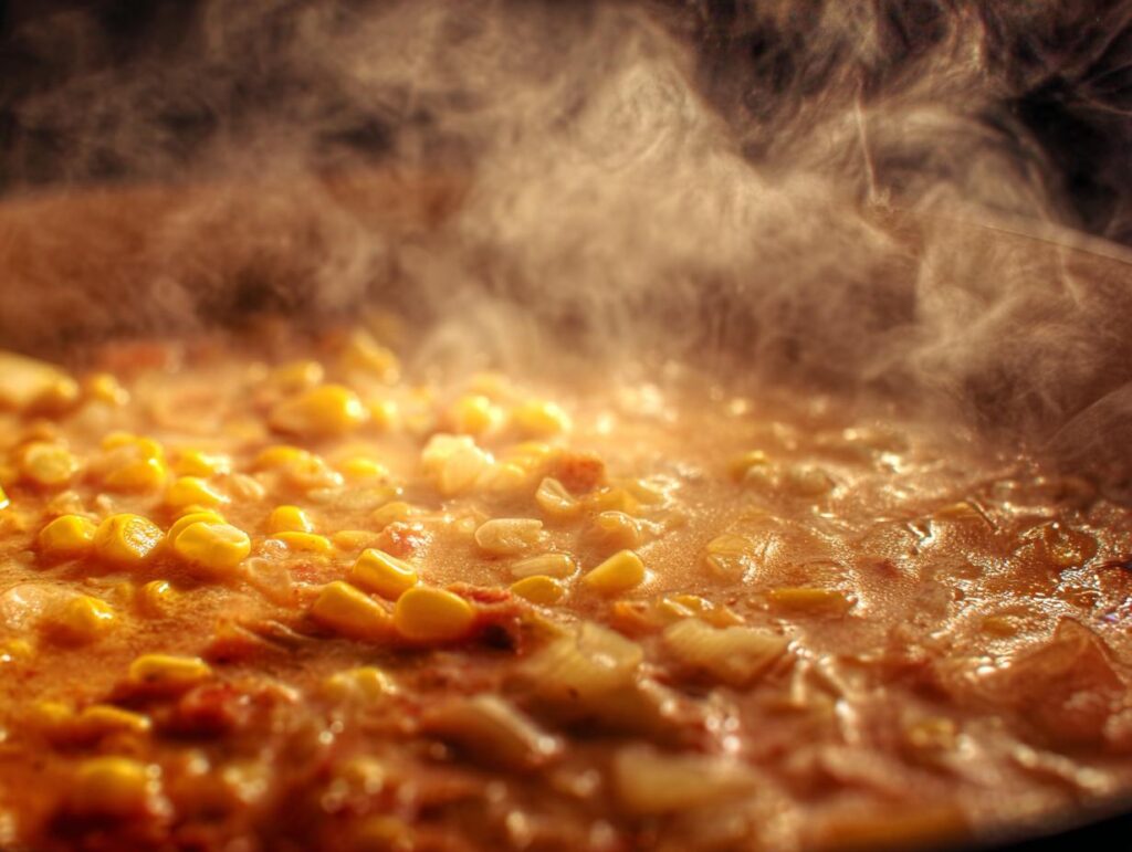 Close-up of steaming Easy One-Pot Creamy Corn Chowder in a pot. Corn and other ingredients are visible.