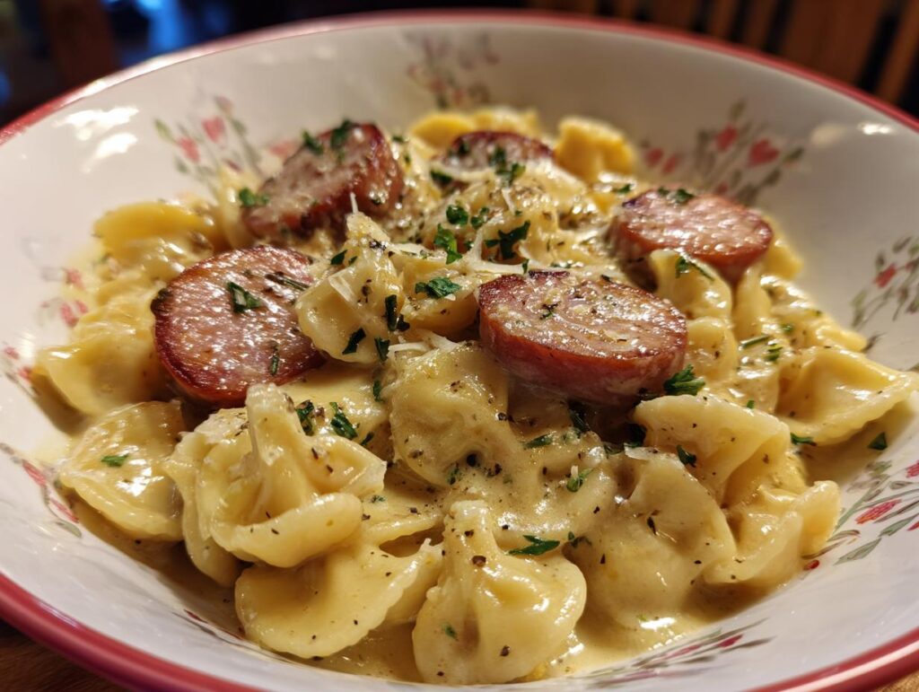 A bowl of One Pot Creamy Kielbasa Pasta, featuring tortellini, sliced kielbasa, and a creamy sauce, garnished with parsley.