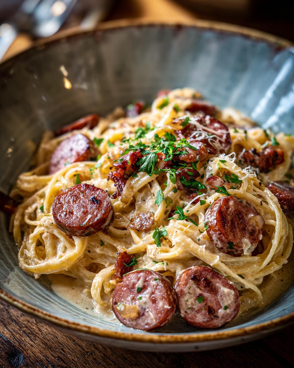 A bowl of One Pot Creamy Kielbasa Pasta, garnished with parsley and cheese, showing the creamy sauce and sliced kielbasa.