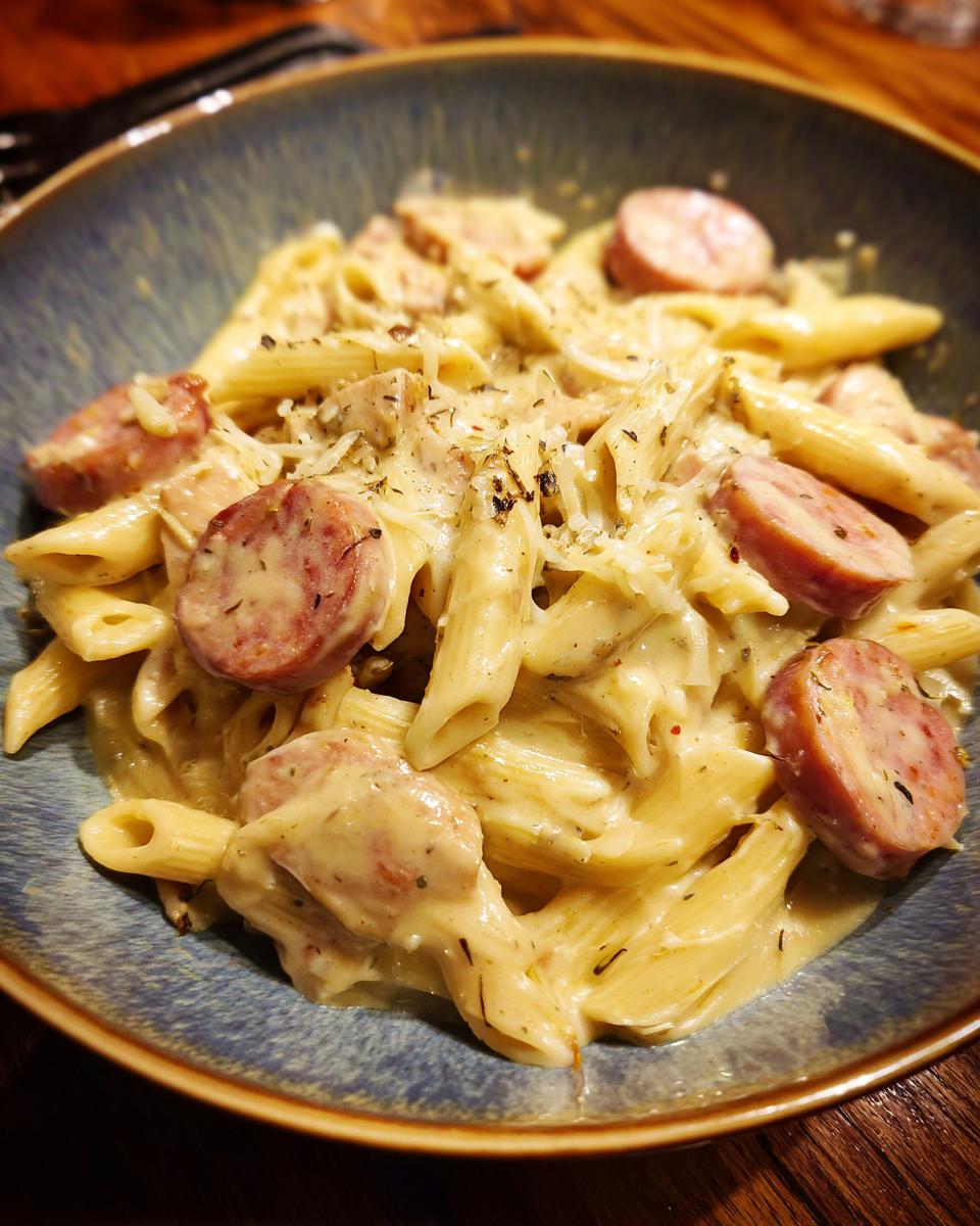 A bowl of One Pot Creamy Kielbasa Pasta, featuring penne pasta, sliced kielbasa, and a creamy sauce.