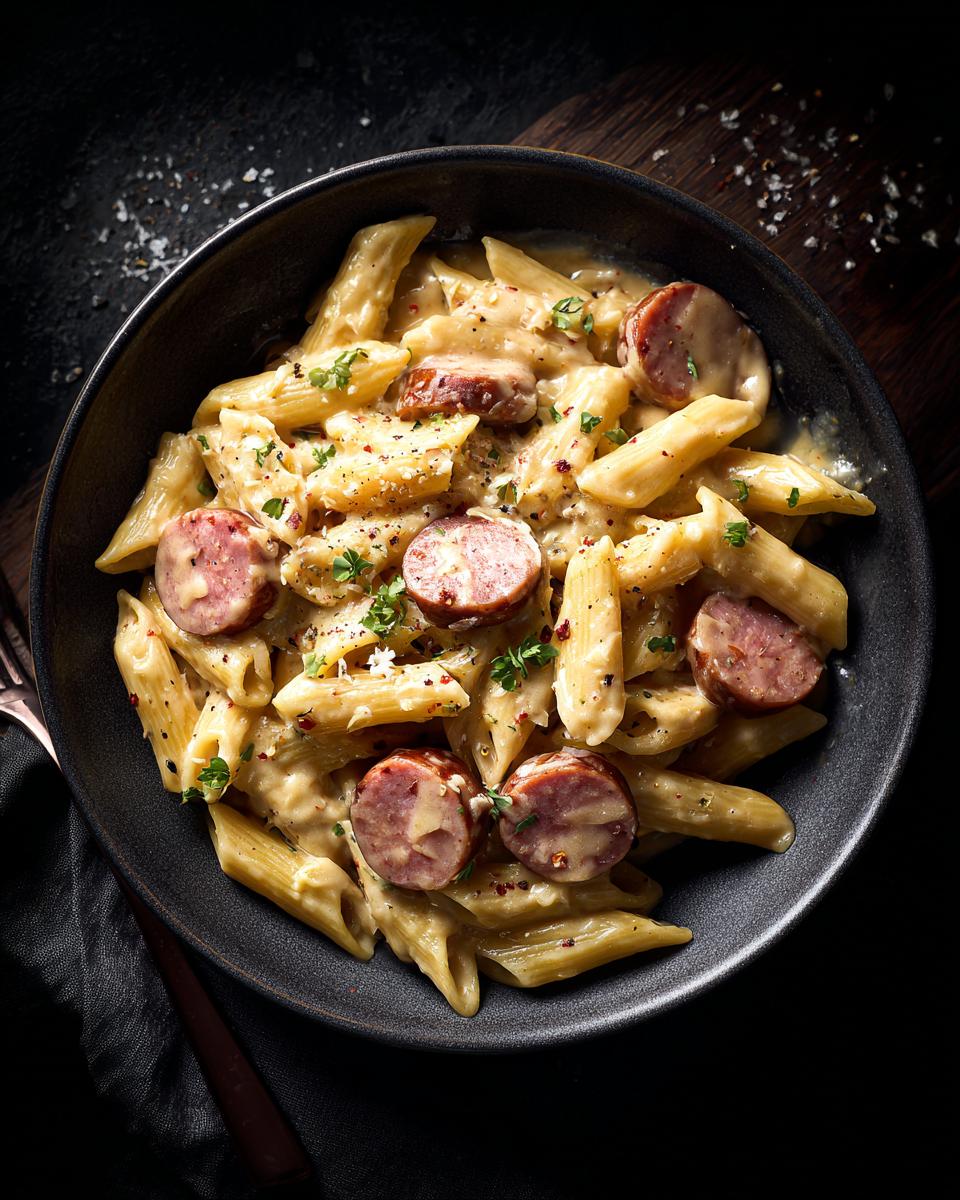 Overhead shot of One Pot Creamy Kielbasa Pasta in a bowl, featuring penne pasta, sliced kielbasa, and creamy sauce.