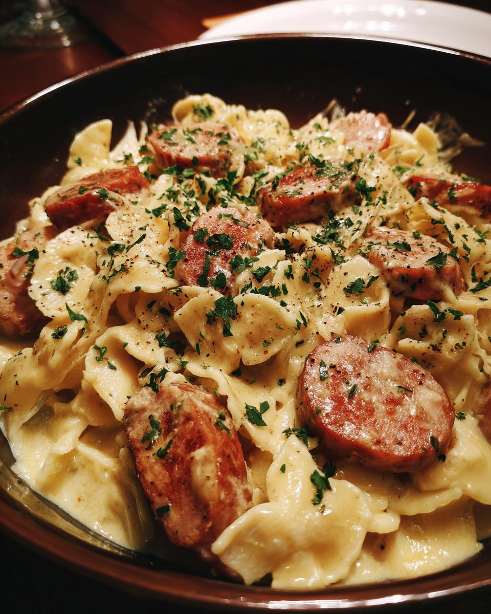 A bowl of One Pot Creamy Kielbasa Pasta, featuring bowtie pasta, sliced kielbasa, and a creamy sauce, garnished with parsley.