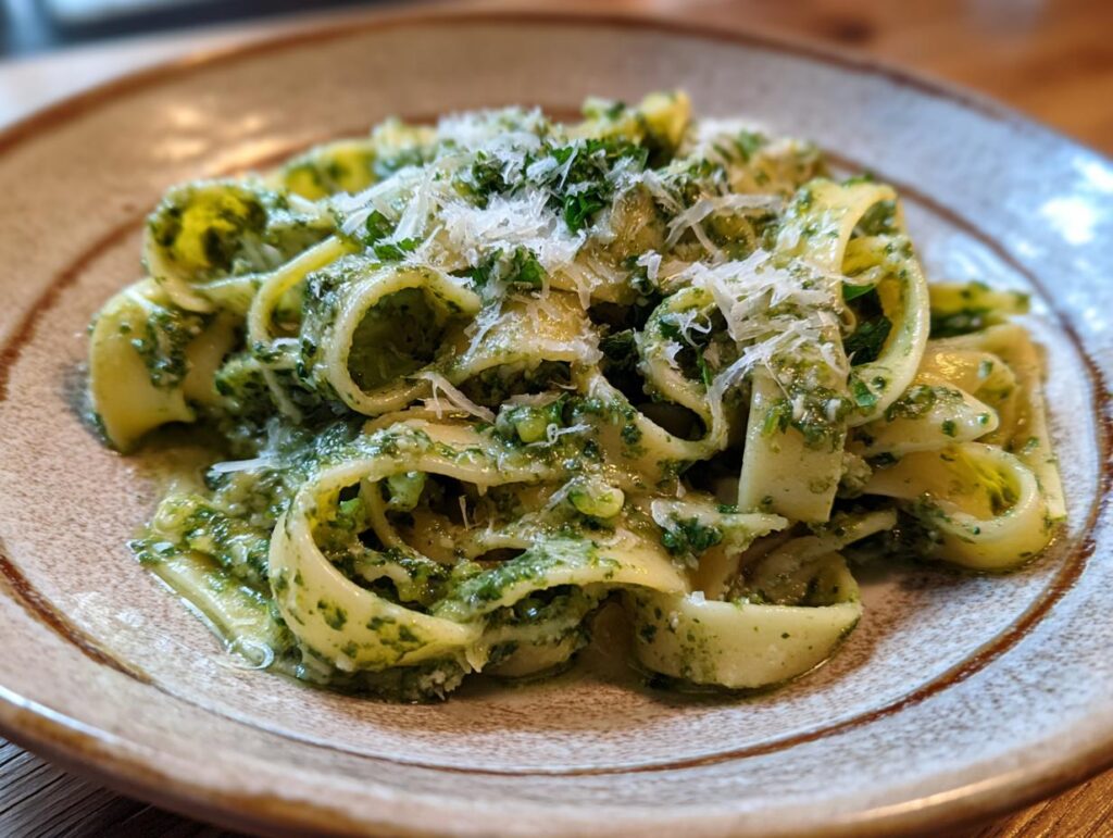 A plate of One-Pot Creamy Pesto Pasta, topped with parmesan cheese and fresh herbs.