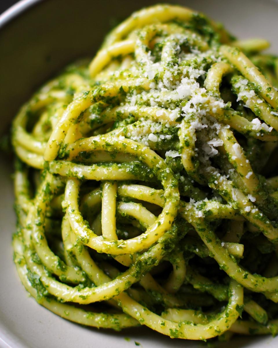 Close-up of One-Pot Creamy Pesto Pasta, showing bucatini noodles coated in pesto and topped with parmesan cheese.