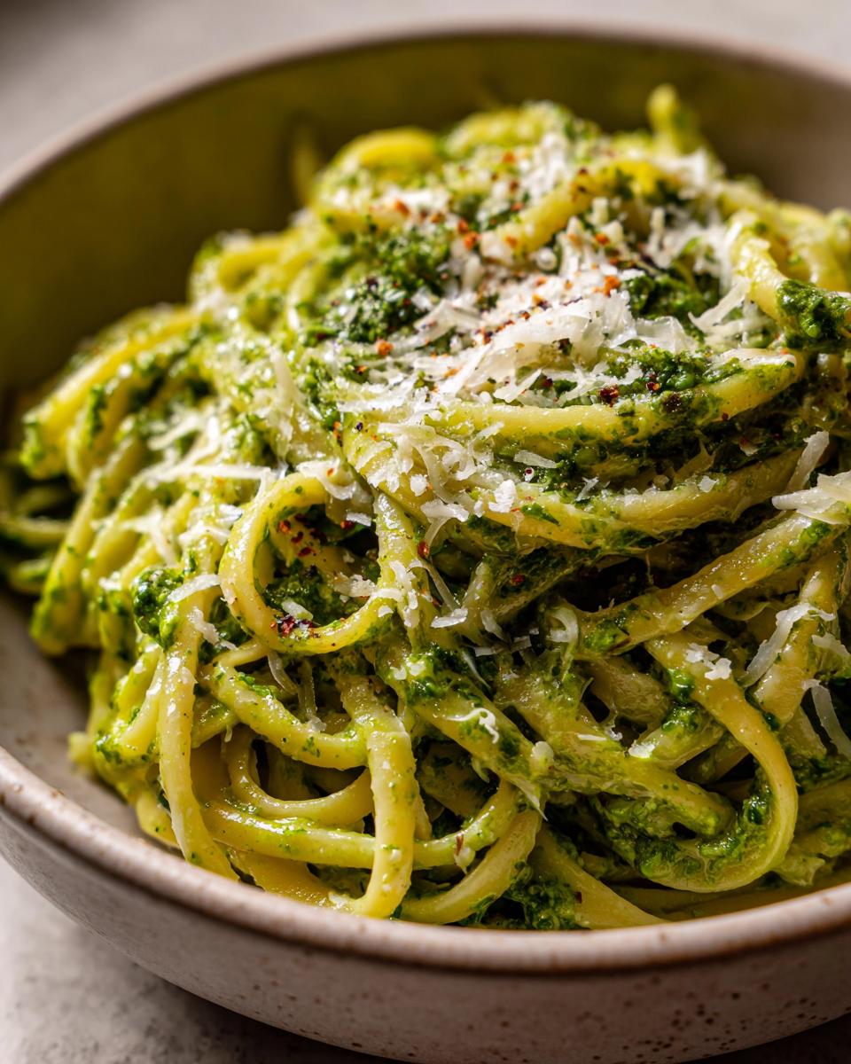 Close-up of One-Pot Creamy Pesto Pasta in a bowl, topped with parmesan cheese and spices.