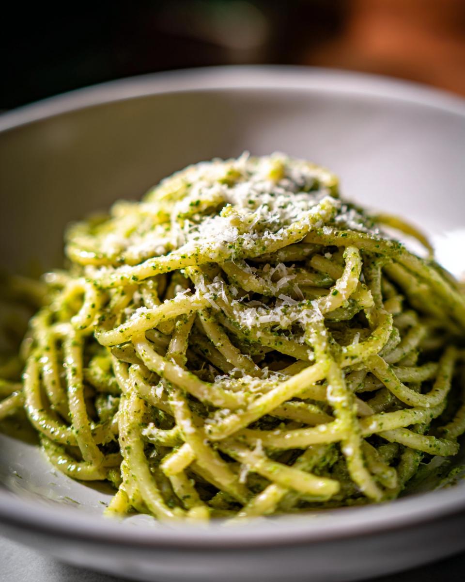 Close-up of One-Pot Creamy Pesto Pasta in a white bowl, topped with grated cheese.