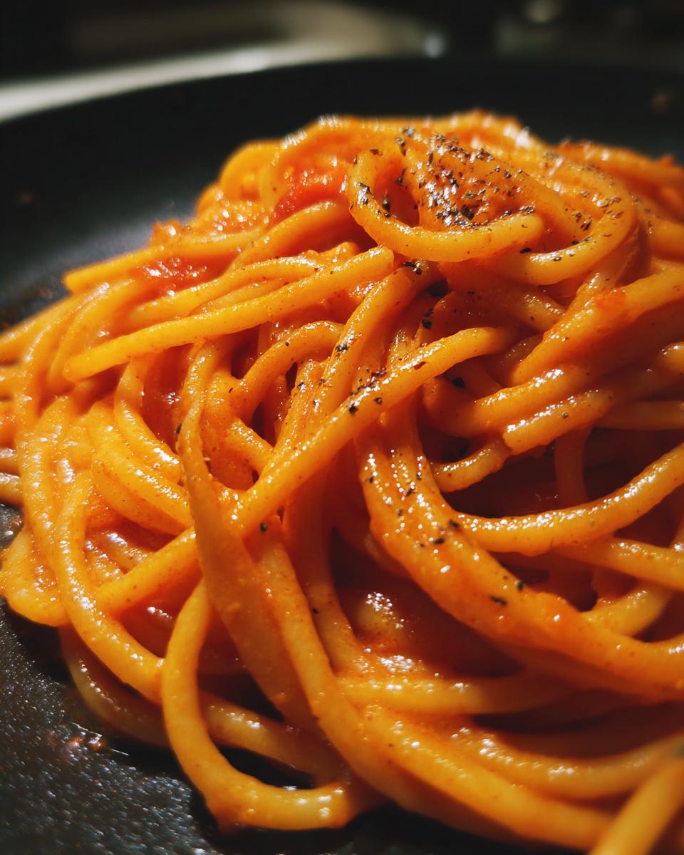 Close-up of 30-Minute One Pot Creamy Tomato Pasta, showing the creamy tomato sauce and spaghetti noodles on a black plate.