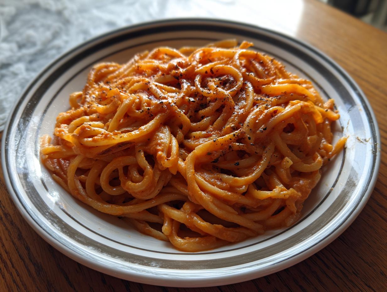 A plate of 30-Minute One Pot Creamy Tomato Pasta, topped with pepper.