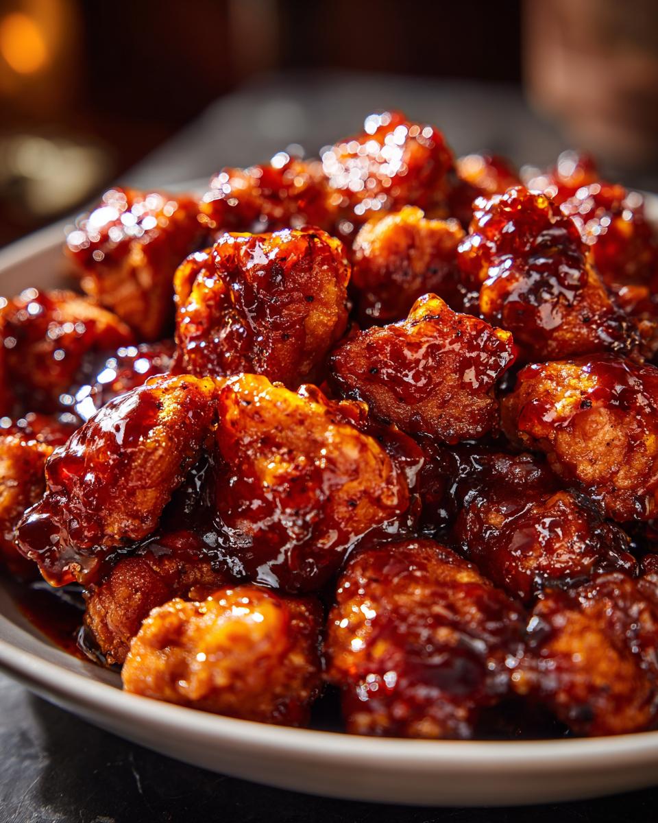 Close-up of a bowl filled with glistening, saucy pieces of homemade Orange Chicken.