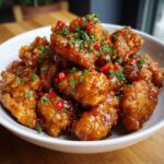 A bowl of crispy orange chicken garnished with fresh parsley and red pepper flakes.
