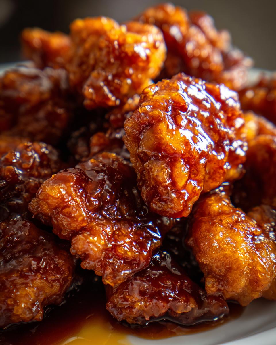 A close-up of glistening Orange Chicken pieces, coated in a rich, flavorful sauce.