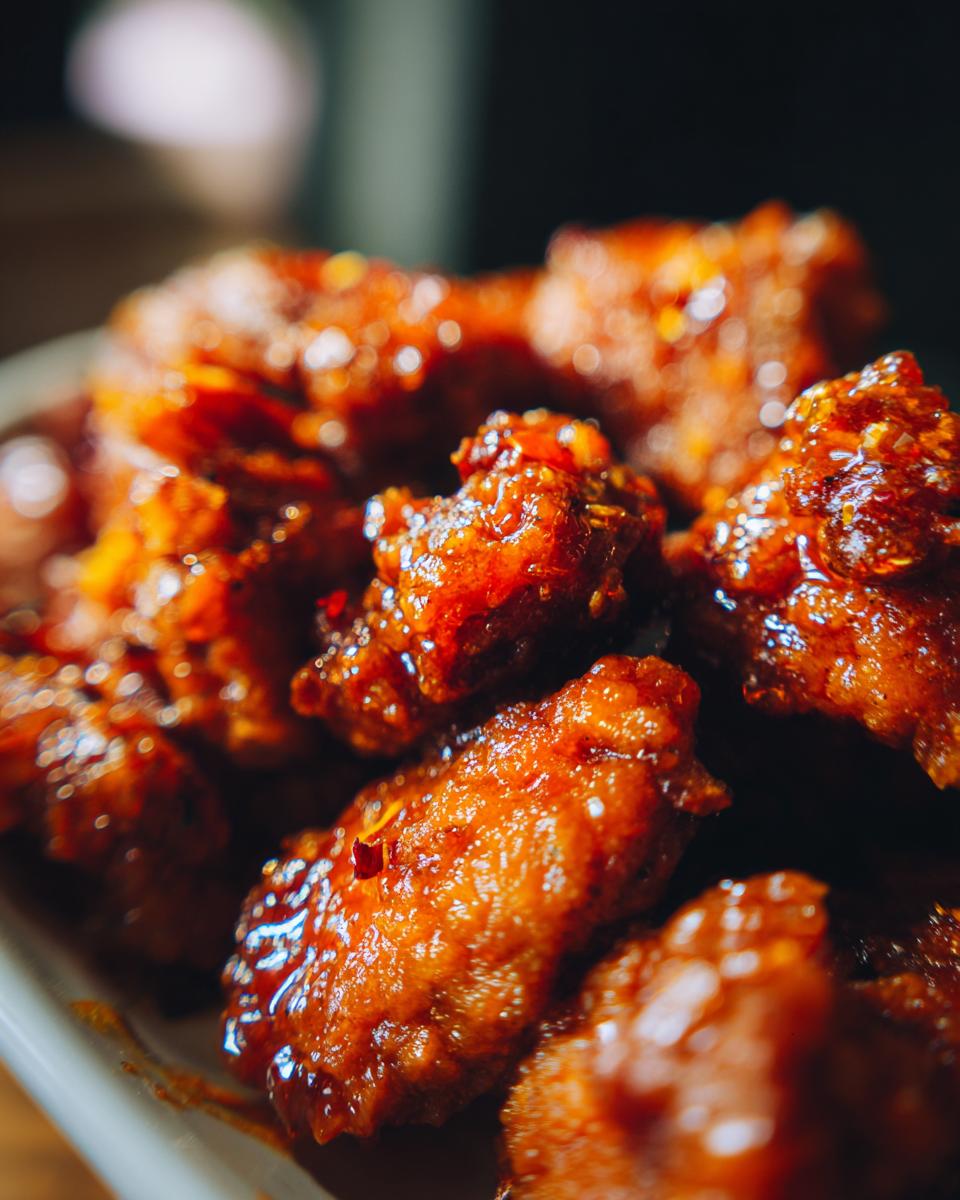 A close-up shot of glistening Orange Chicken pieces, coated in a rich, flavorful sauce with chili flakes.