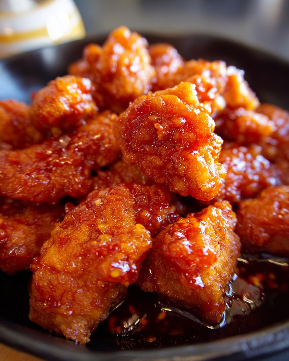 Close-up of glistening Orange Chicken pieces in a dark bowl, coated in a rich, flavorful sauce.