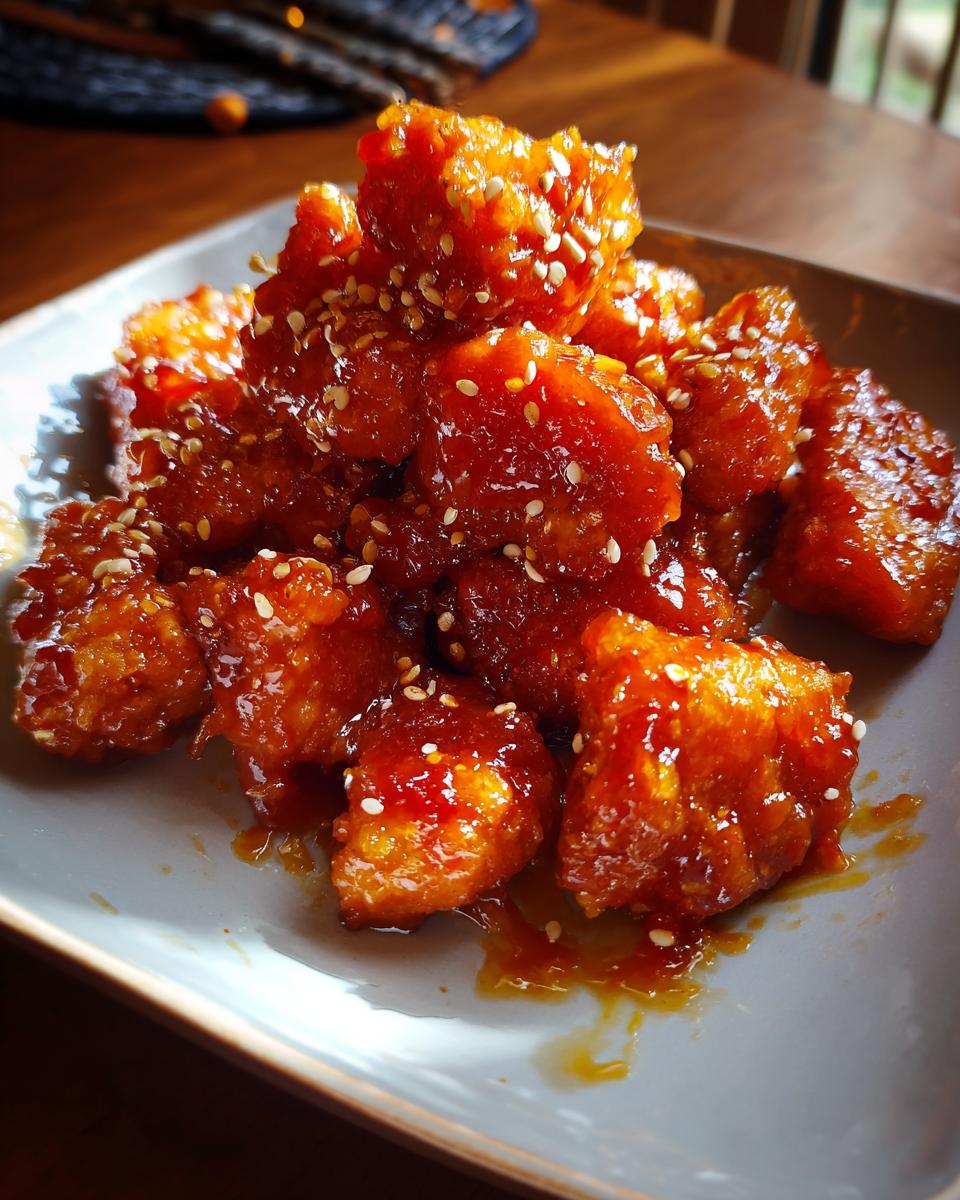 Close-up of glazed Orange Chicken pieces sprinkled with sesame seeds on a grey plate.
