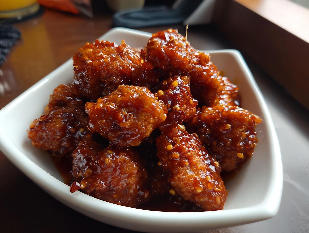 Close-up of flavorful Orange Chicken pieces in a white bowl, coated in a glossy sauce.
