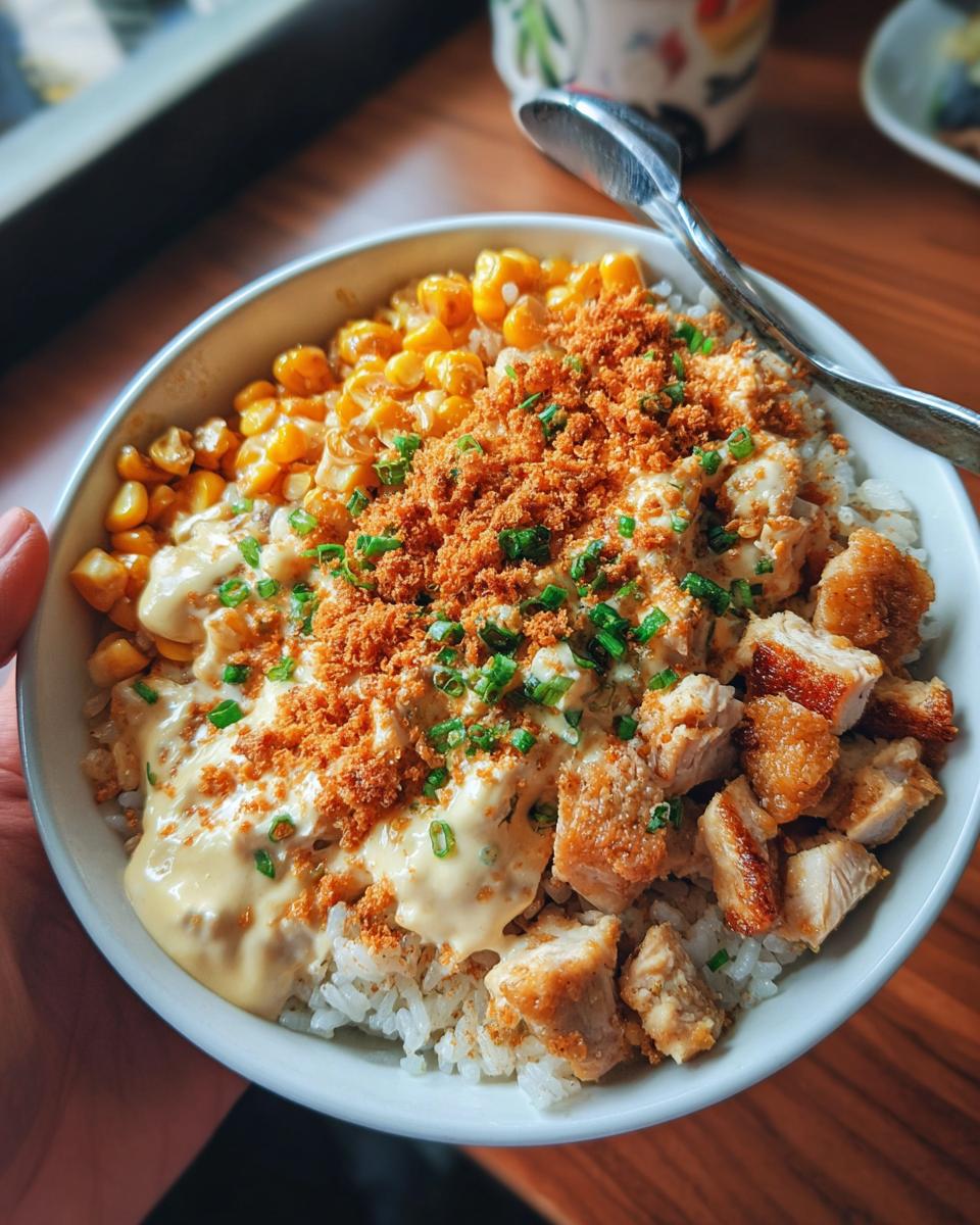 A delicious Packed Street Corn Chicken Rice Bowl with rice, corn, chicken, sauce, and toppings.