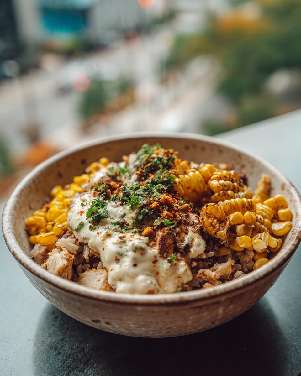 A delicious Packed Street Corn Chicken Rice Bowl with corn, rice, chicken, and creamy sauce.