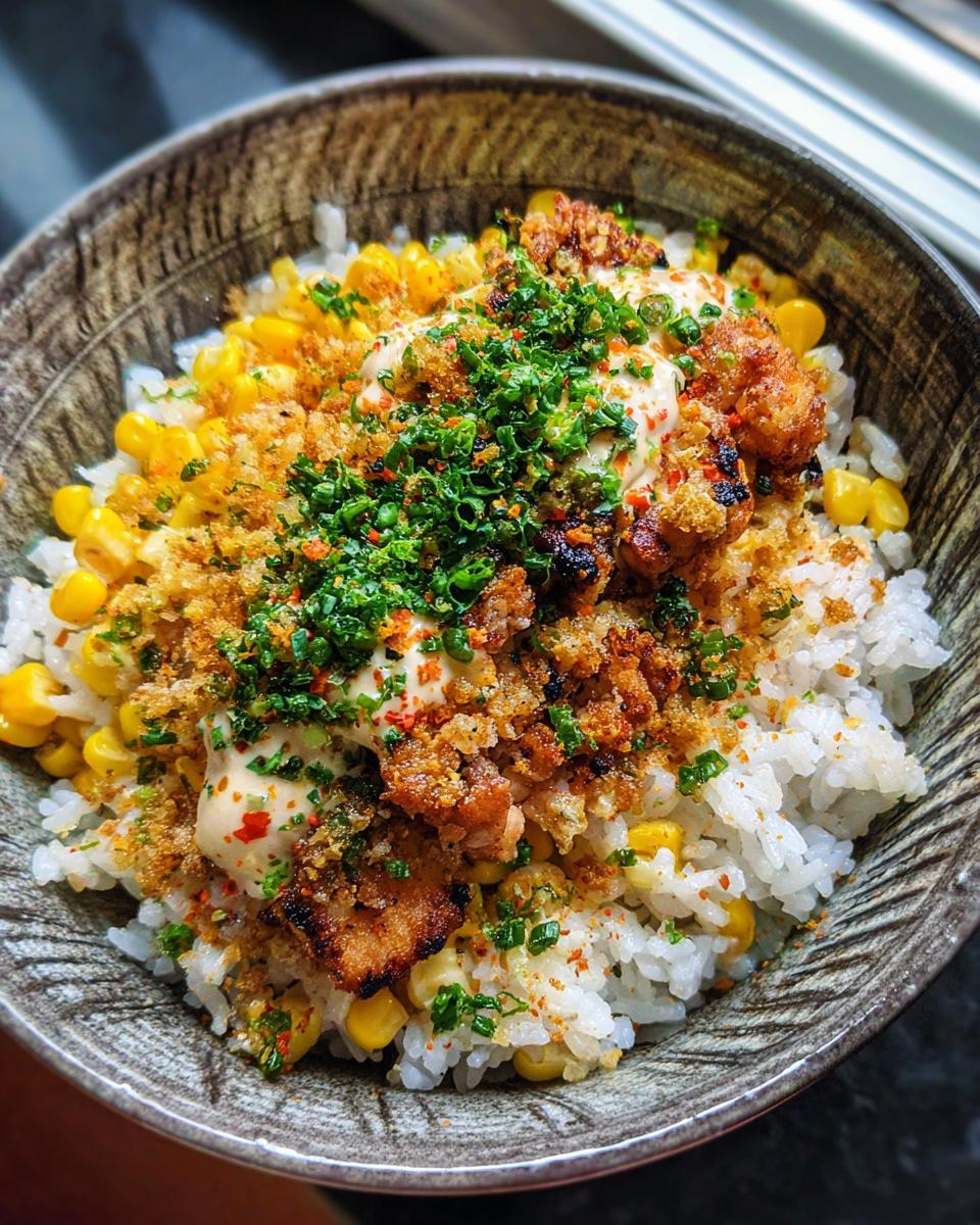 Overhead shot of a Packed Street Corn Chicken Rice Bowl, featuring rice, corn, chicken, and a creamy sauce.