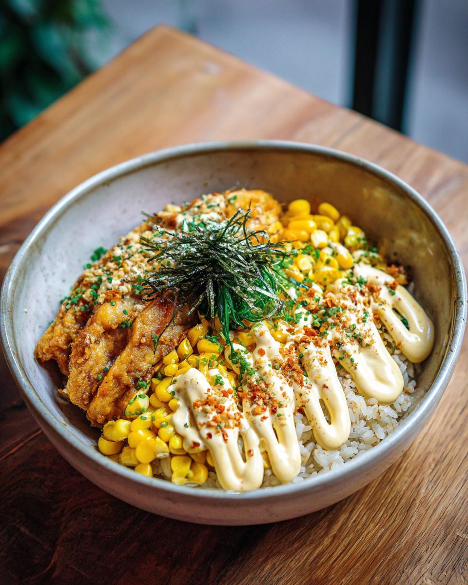 A delicious Packed Street Corn Chicken Rice Bowl with rice, corn, chicken, and creamy sauce.