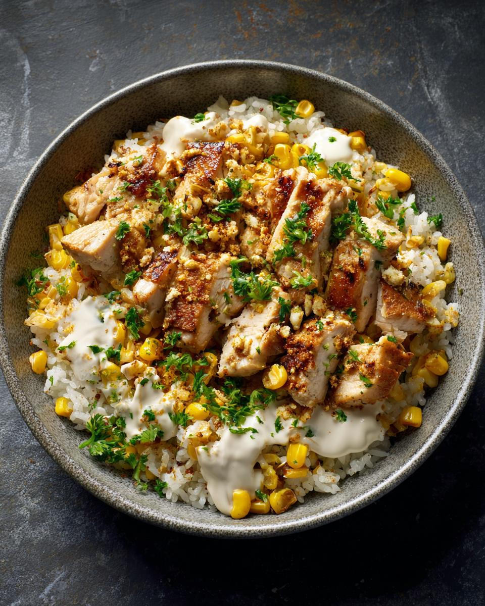 Overhead view of a Packed Street Corn Chicken Rice Bowl with sliced chicken, corn, rice, and creamy sauce.