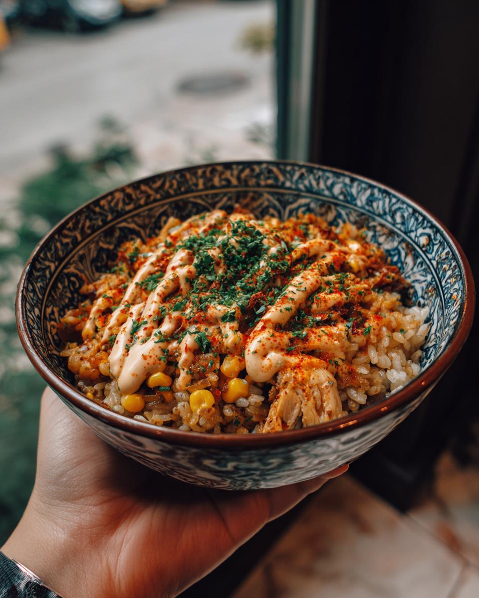 A hand holds a bowl of Packed Street Corn Chicken Rice Bowl, topped with sauce and herbs.