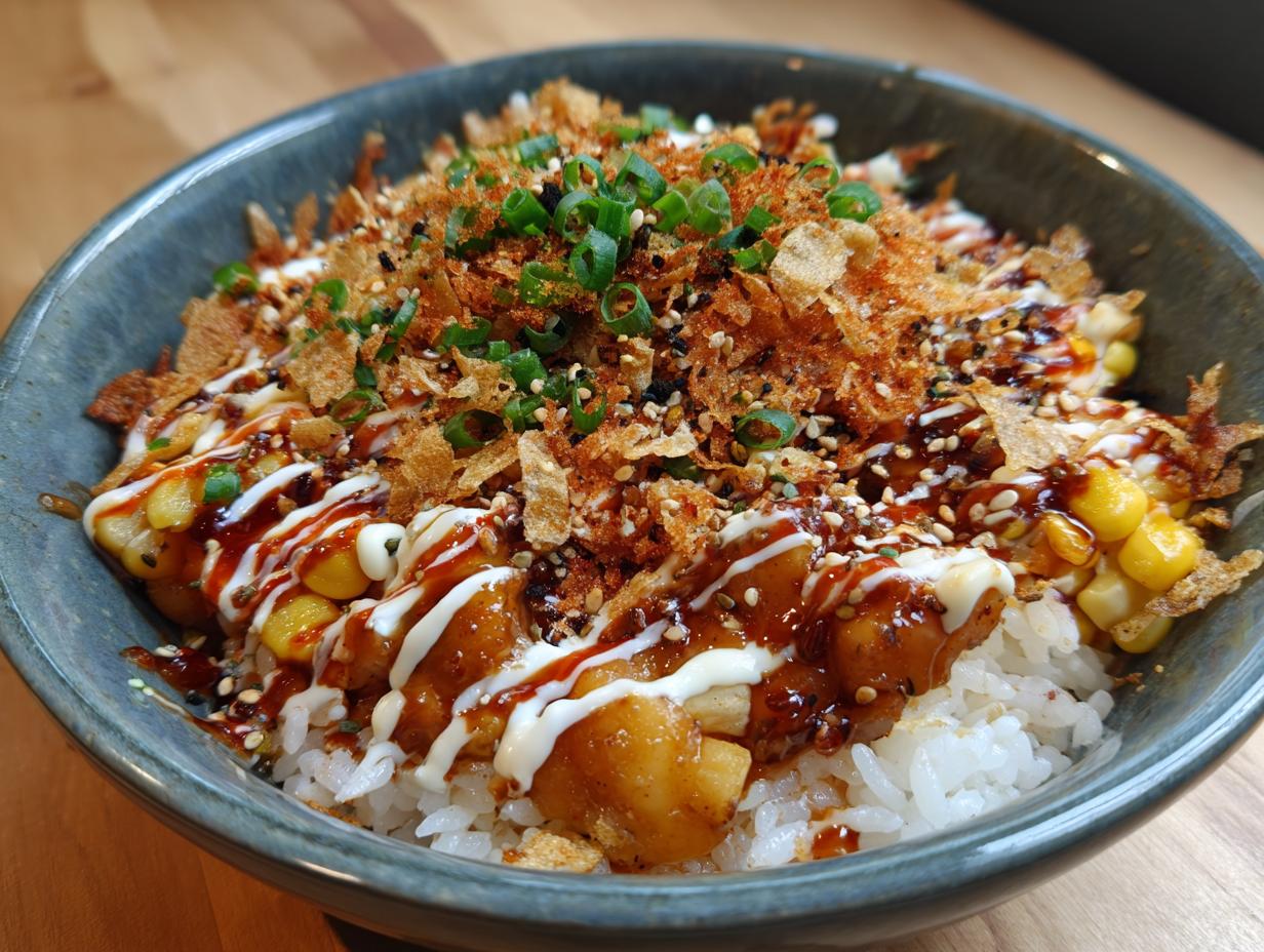 A delicious Packed Street Corn Chicken Rice Bowl in a gray bowl, topped with sauces and garnishes.