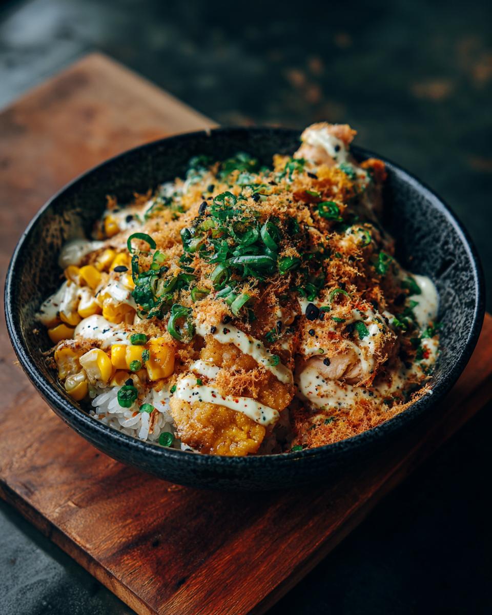 A delicious Packed Street Corn Chicken Rice Bowl with rice, chicken, corn, sauce, and green onions.