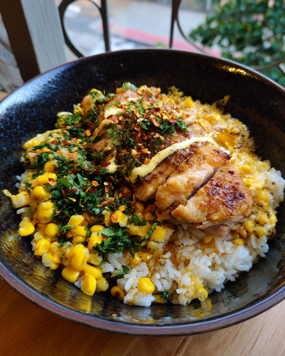 A delicious Packed Street Corn Chicken Rice Bowl in a dark bowl, featuring rice, corn, chicken, herbs, and chili flakes.