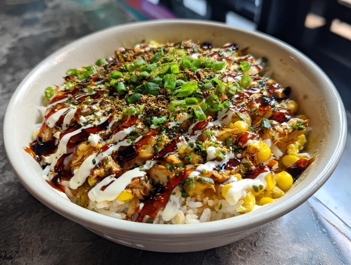 A delicious Packed Street Corn Chicken Rice Bowl topped with sauces and green onions.