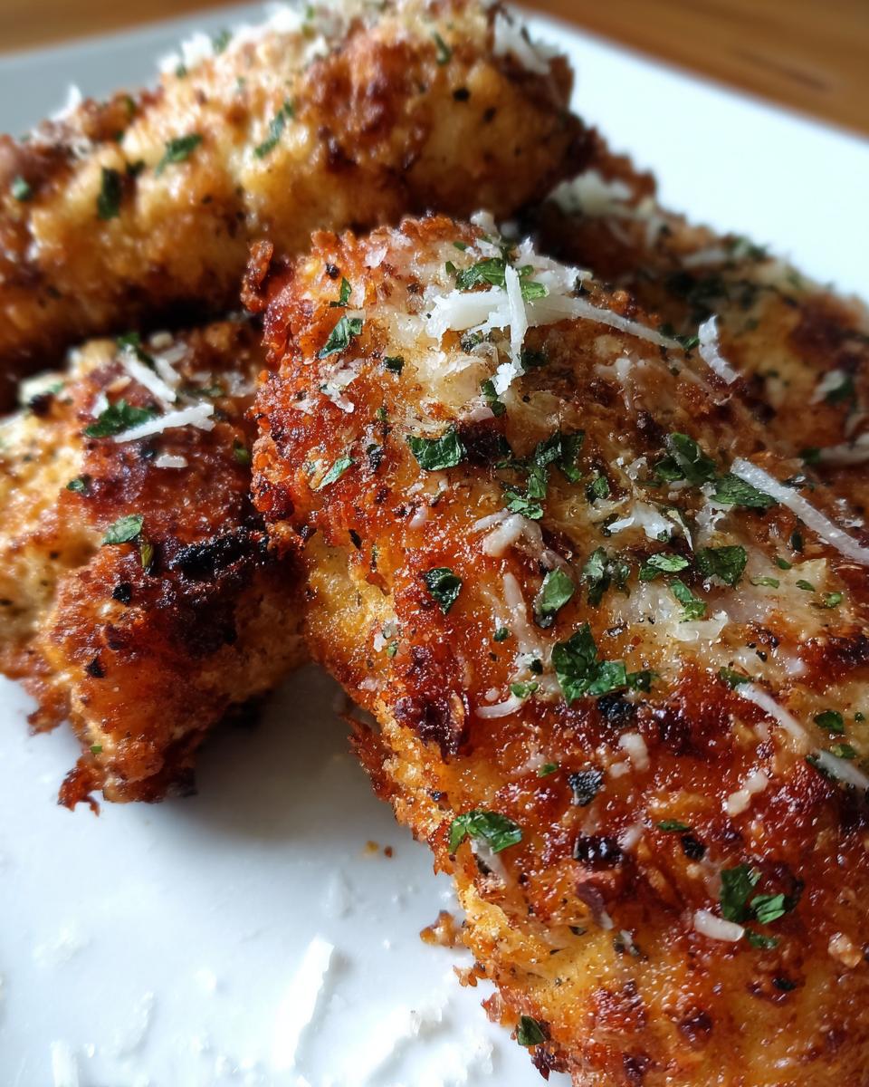 Close-up of golden-brown Parmesan Chicken topped with parmesan cheese and fresh herbs on a white plate.