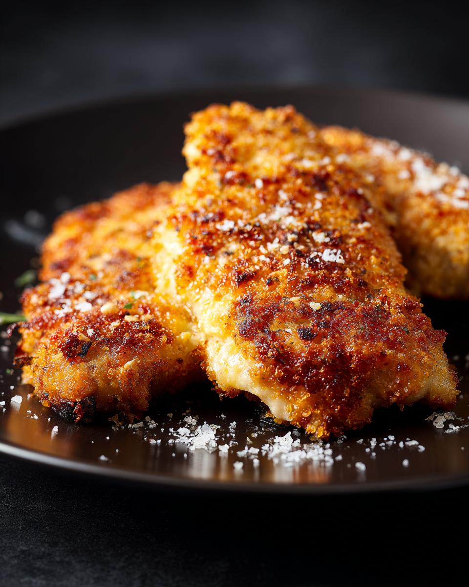 Close-up of crispy Parmesan Chicken fillets on a black plate, sprinkled with parmesan cheese.