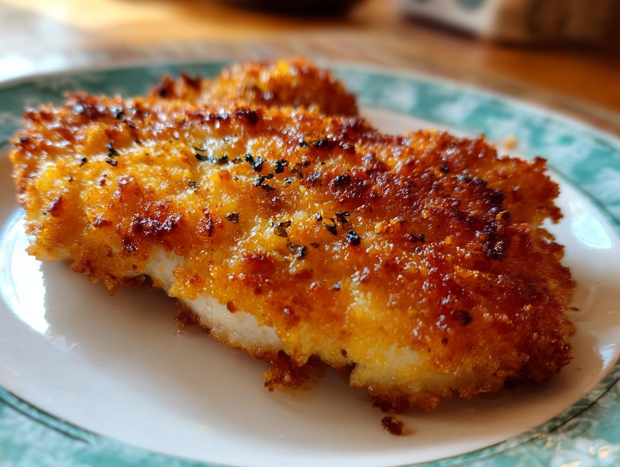 Close-up of golden-brown Parmesan Chicken on a plate, showcasing its crispy coating and seasoning.