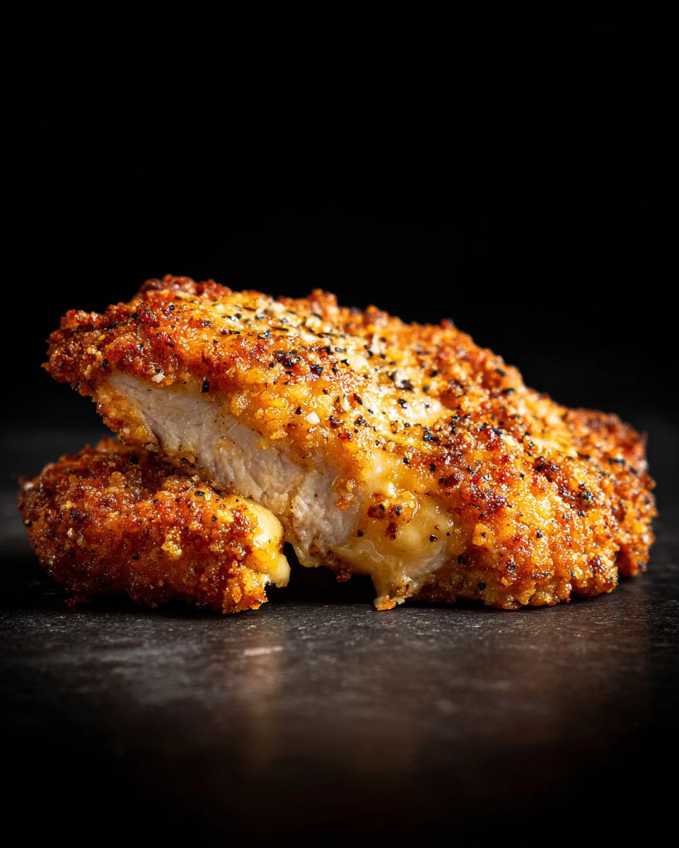 Close-up of golden-brown Parmesan Chicken cutlet with a crispy crust and juicy interior.