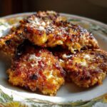 Close-up of crispy, golden Parmesan Chicken pieces stacked on a decorative plate, sprinkled with parmesan.