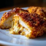 Close-up of Parmesan Chicken cut open, showing melted cheese oozing out of the crispy breaded chicken.