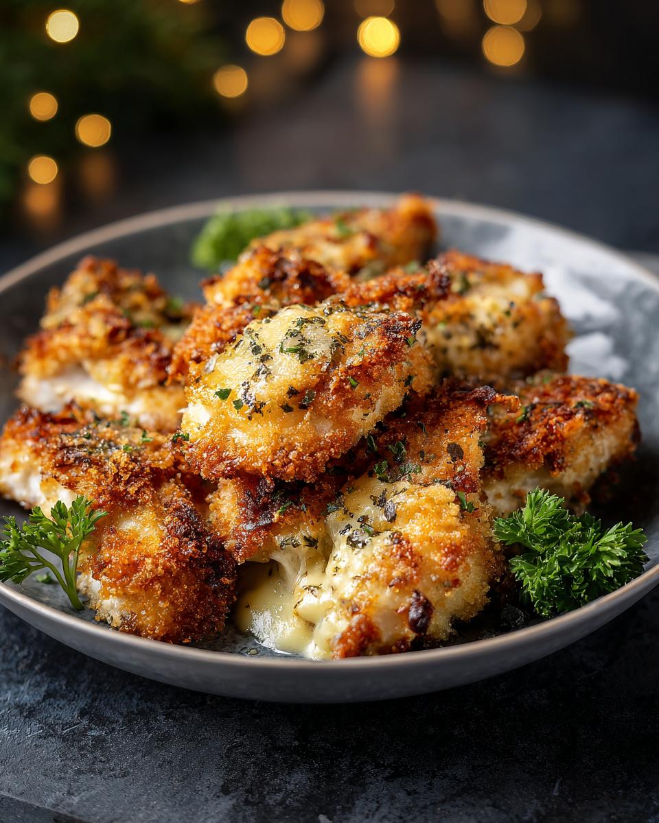 A plate of golden-brown Parmesan Chicken pieces, garnished with parsley, with cheese oozing out.