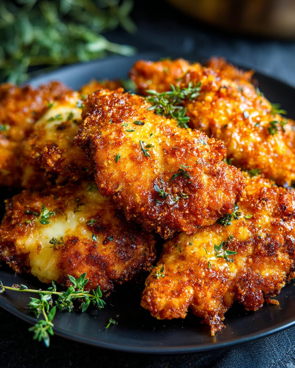 Delicious golden Parmesan Chicken pieces on a dark plate, garnished with fresh thyme.