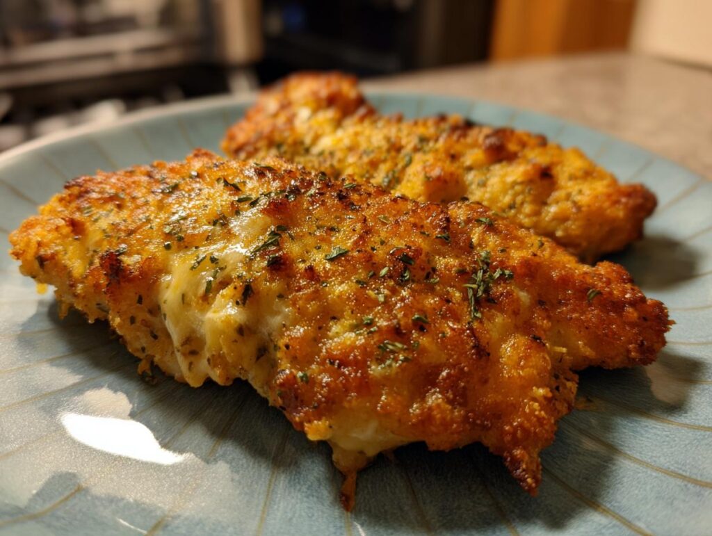 Two pieces of golden brown Parmesan Chicken on a blue plate, garnished with herbs.