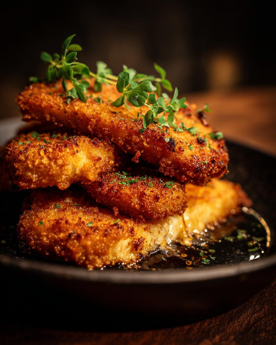 A stack of golden-brown Parmesan Chicken cutlets garnished with fresh herbs on a dark plate.