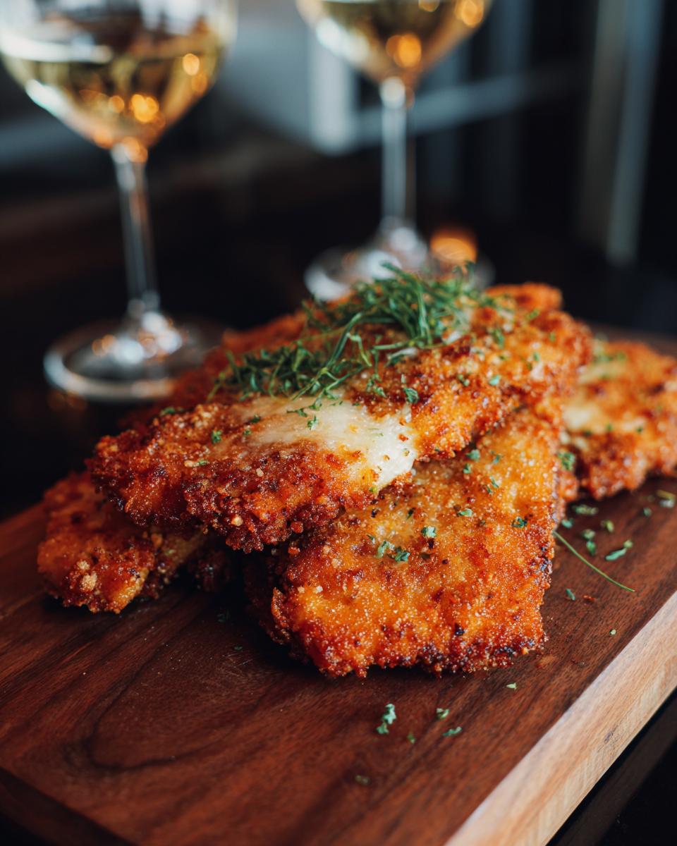 Golden-brown Parmesan Chicken pieces served on a wooden board with herb garnish and white wine glasses in the background.