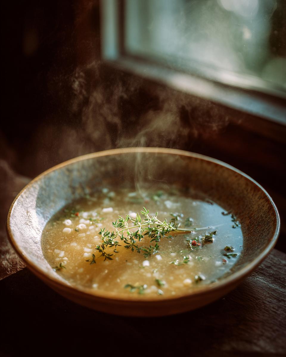 A bowl of steaming Pastina Soup, garnished with fresh thyme, sits on a wooden surface near a window.