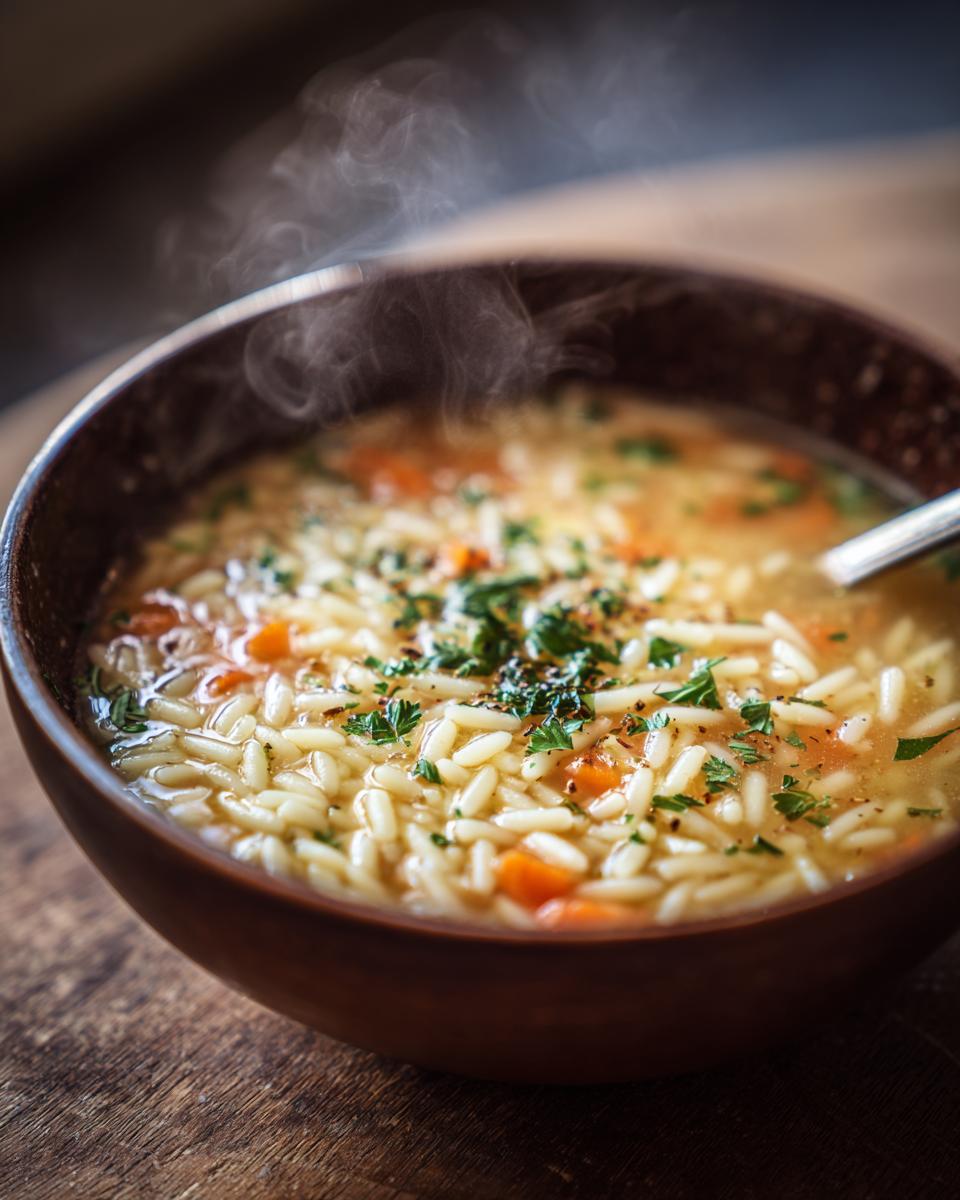 A steaming bowl of Pastina Soup with small pasta, carrots, and herbs, offering a comforting and warm meal.