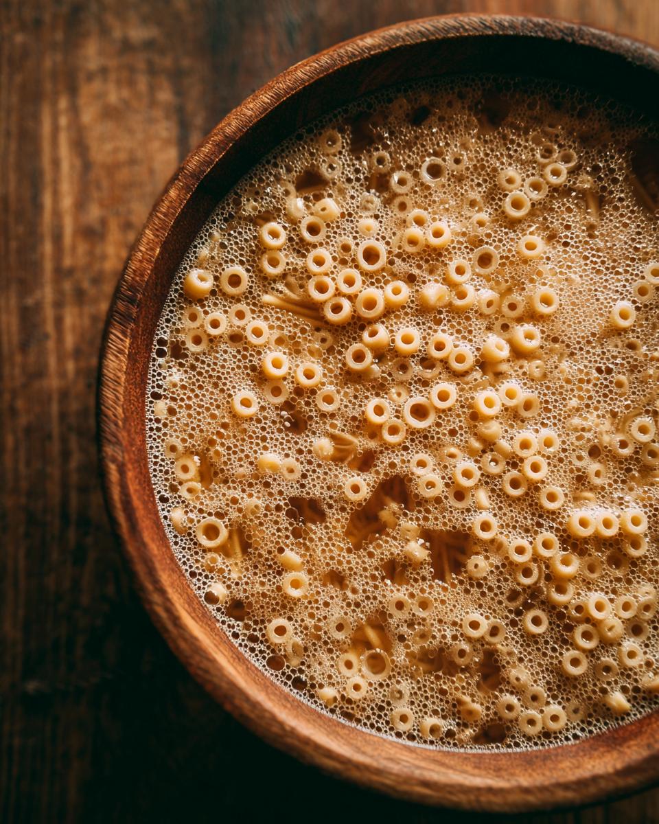 Overhead view of Grandma's Pastina Soup in a wooden bowl, showing the small pasta shapes in broth.