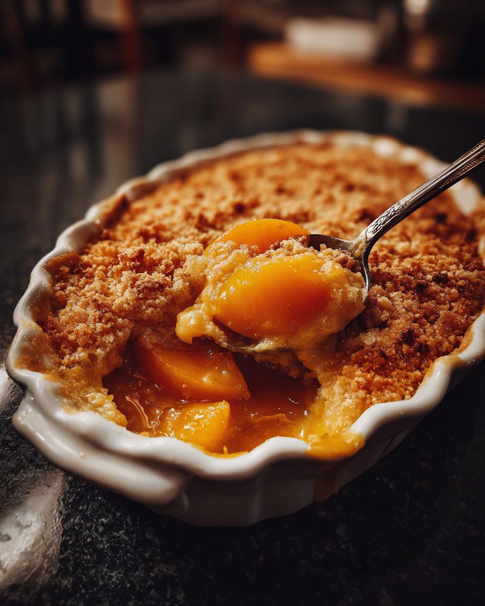 Close-up of The Peach Cobbler in a white dish, with a spoonful of peaches being lifted.
