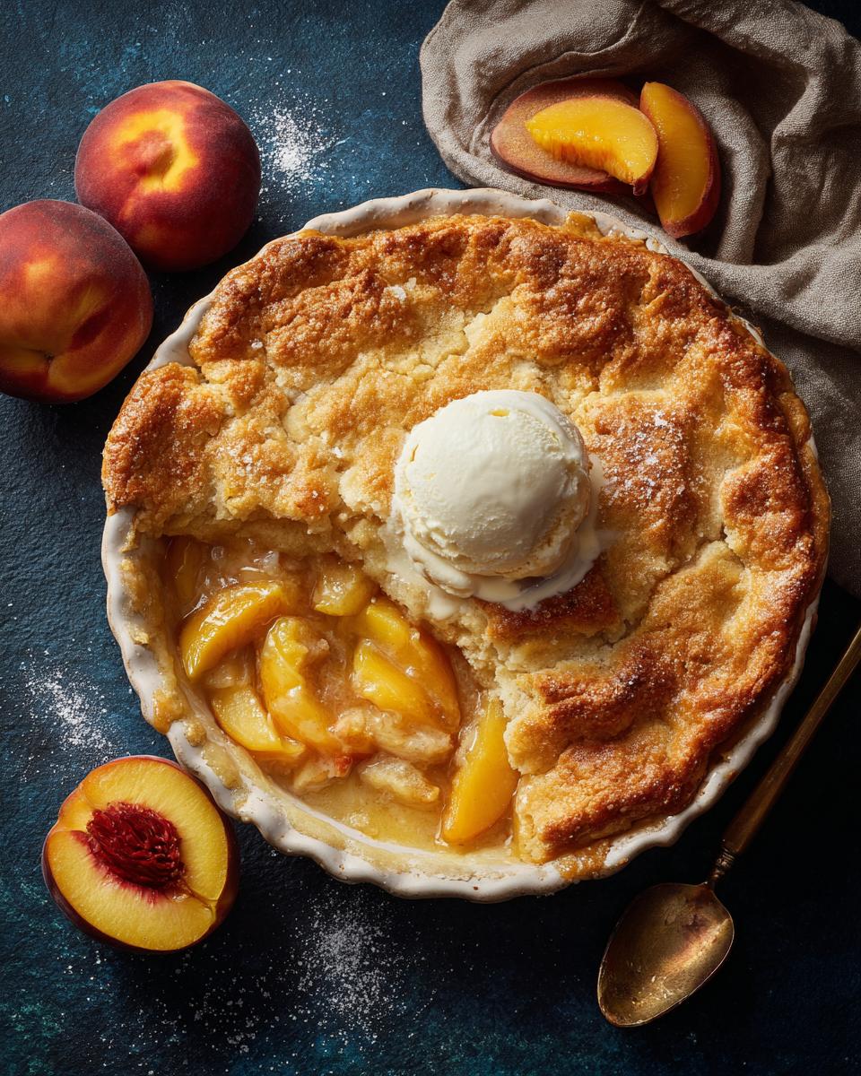 Overhead shot of The Peach Cobbler in a dish, topped with vanilla ice cream and fresh peaches.