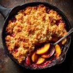 Overhead view of Grandma's The Peach Cobbler in a cast iron skillet with a spoon.