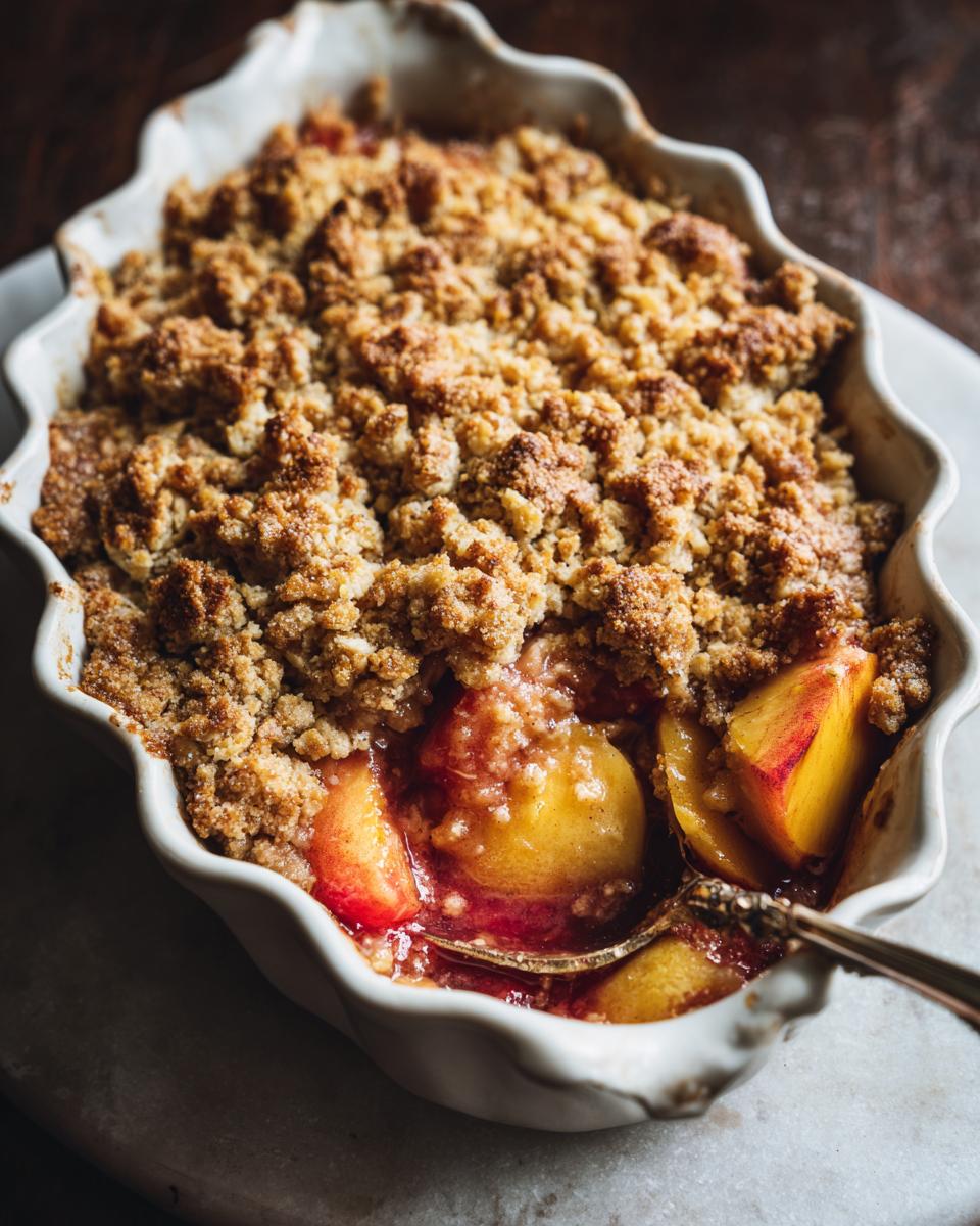 Golden brown Peach Crumble in a white baking dish with a spoon scooping out the peach filling.