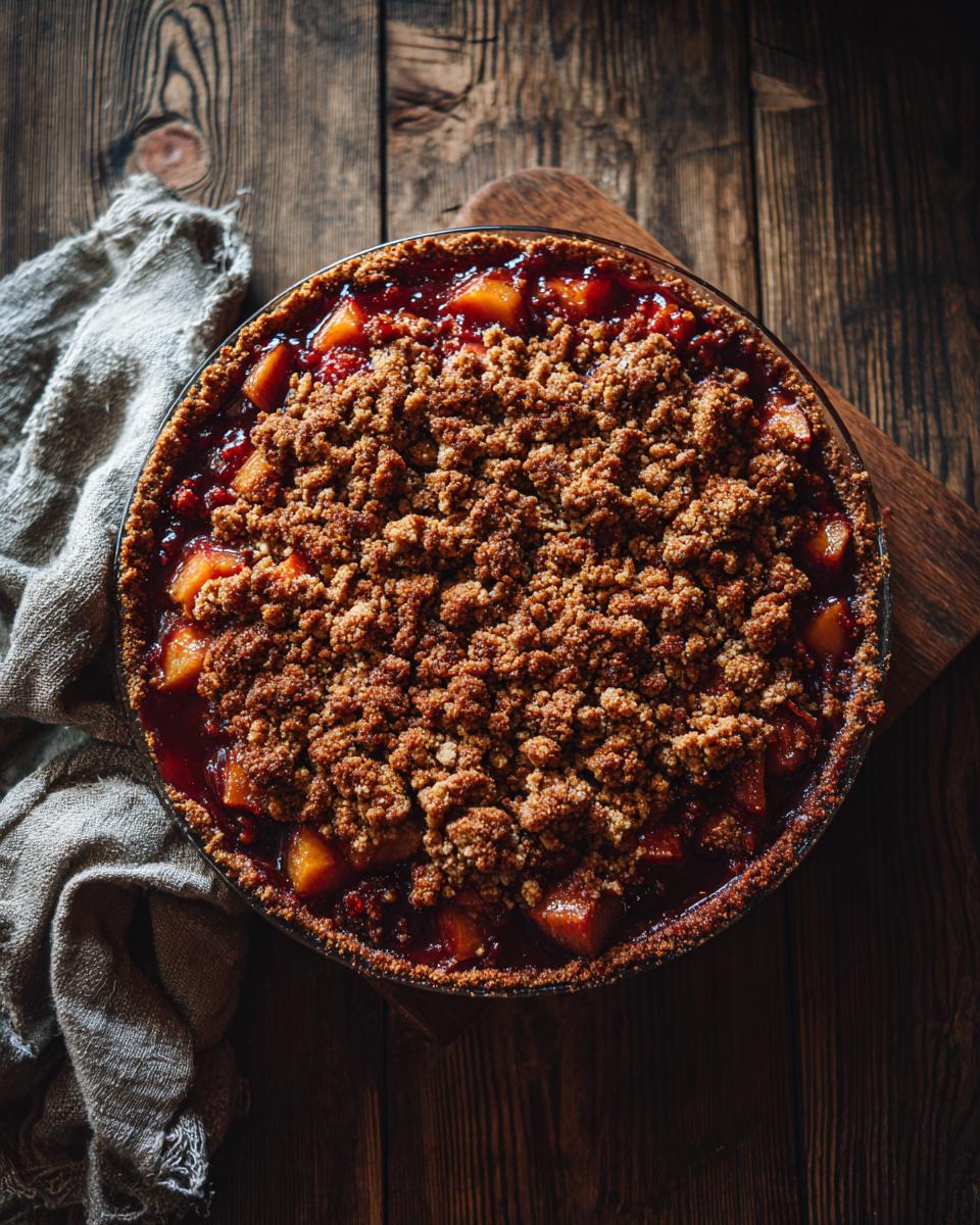 Overhead shot of a freshly baked peach crumble in a glass dish, sitting on a wooden board.