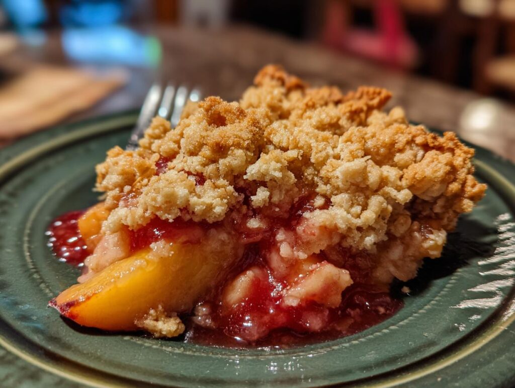 A slice of peach crumble with a golden brown topping on a green plate, ready to eat.
